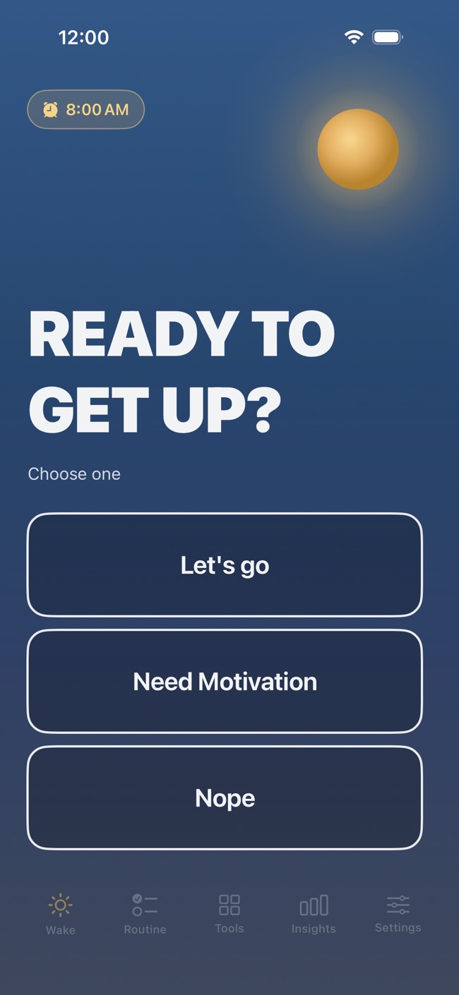 Levu's wake screen: Ready to get up? Let's go, Need Motivation, or Nope.